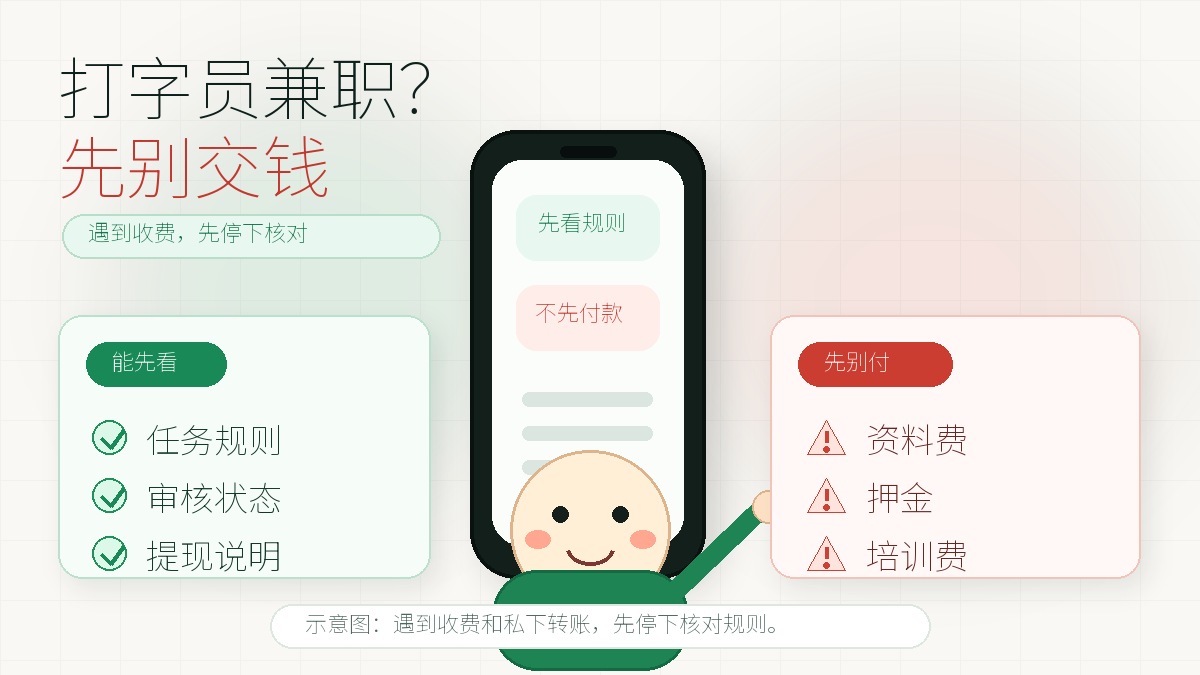 打字员兼职先别交钱,遇到资料费、押金、培训费和私下转账先停下核对规则的示意图